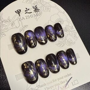 Indigo Floral with Gold Press On Nails